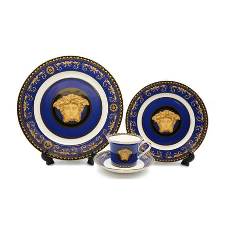 Marine Blue Dinner - Royalty Porcelain 16-pc Dinner Set Maskarone, Greek Key Set For 4 (Blue)