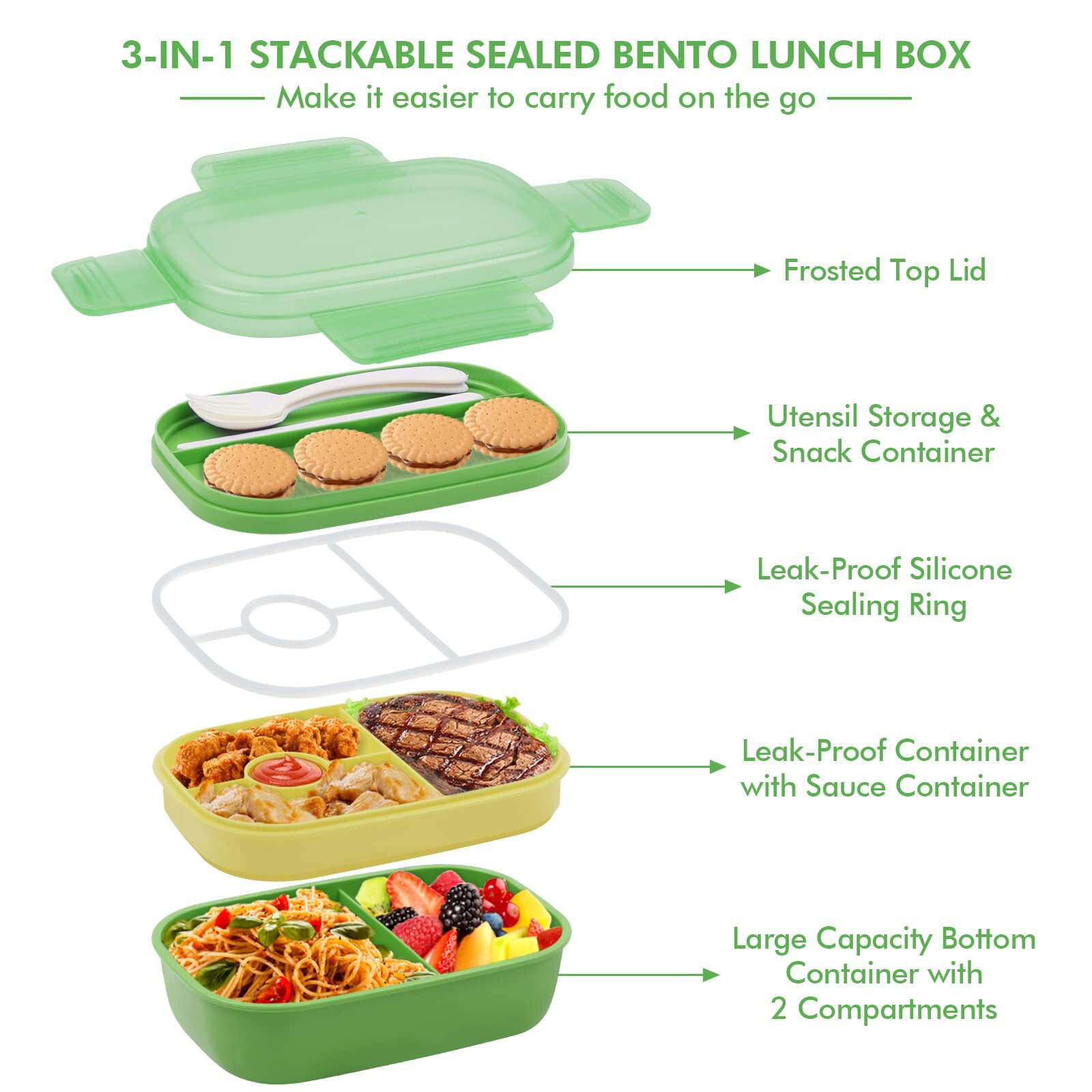 Stacking Bento Box Lunch Box with 3 Layer Sealed Compartments Leak