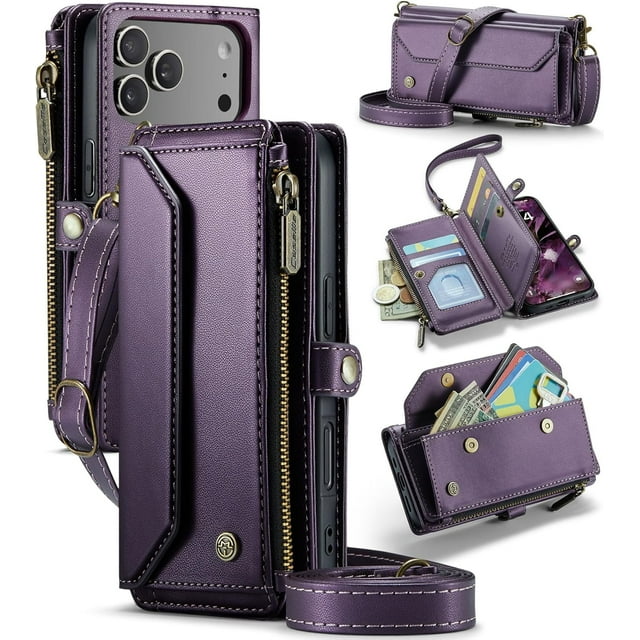 Case for iPhone 17 Pro, Crossbody Wallet Phone Case for iPhone 17 Pro with RFID Blocking Kickstand, Anti-Drop Wireless Charging Card Slots, PU Leather Shoulder Bag Clutch Adjustable Strap