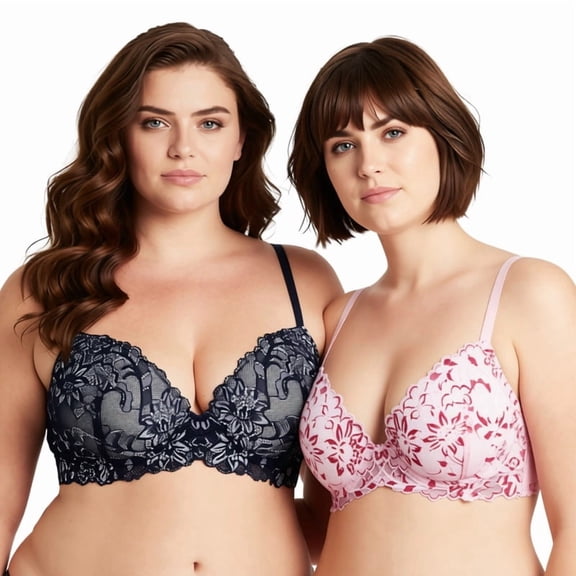 Curve Muse Women's Underwire Plus Size Push Up Add 1 and a Half Cup Lace Bras-2PK-White/Red,Black/Grey-32B