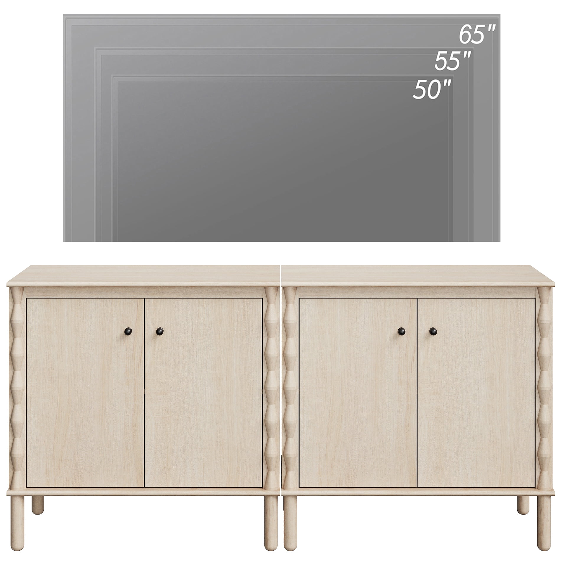 Modern TV Stand Console Table with Adjustable Shelf & 4 Soft-Close Doors，Natural