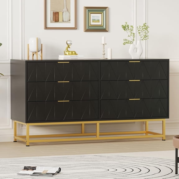 6 Drawer Dresser for Bedroom with Metal Legs, Storage Chest Cabinet Organizer for Living Room, Hallway, Entryway - Black