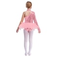 thumbnail image 2 of TTAO Robe Justaucorps à Sequins et Plumes pour Filles, une Épaule, Manches Longues, Rose 10, 2 of 8