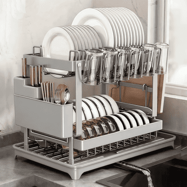 2-Tier Detachable Stainless Steel Dish Rack with Cutlery and Cup Holder,Gray