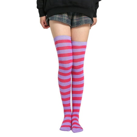 

Dido Pack of 2 Striped Plus Size Thigh High Socks Breathability Unique Flexible Fad Appearance Non Slip Hose Sock Boots Stockings purple striped