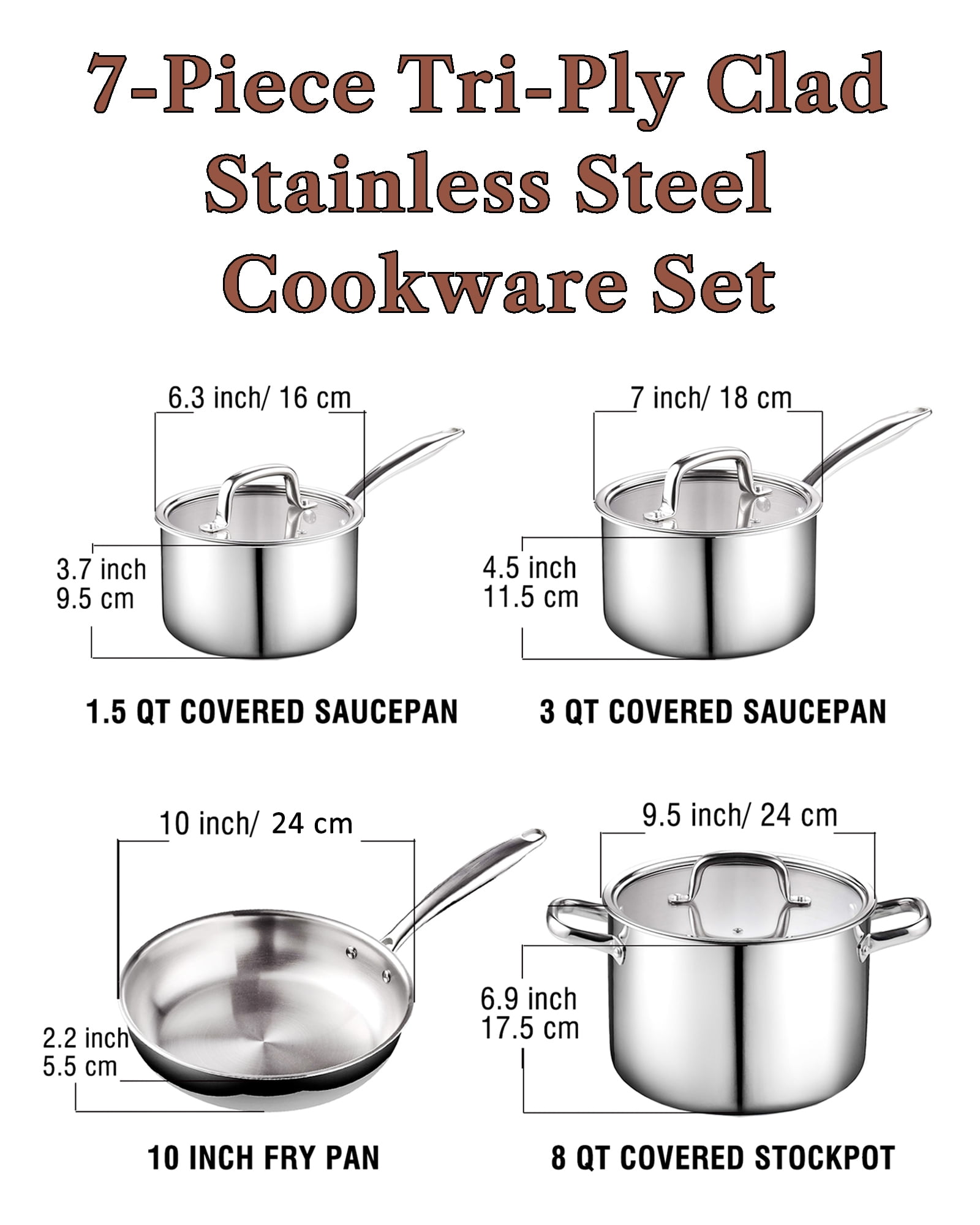 J&V Textiles 7-Piece Stainless Steel Cookware Pots and Pans Set with Wooden Handles, Silver