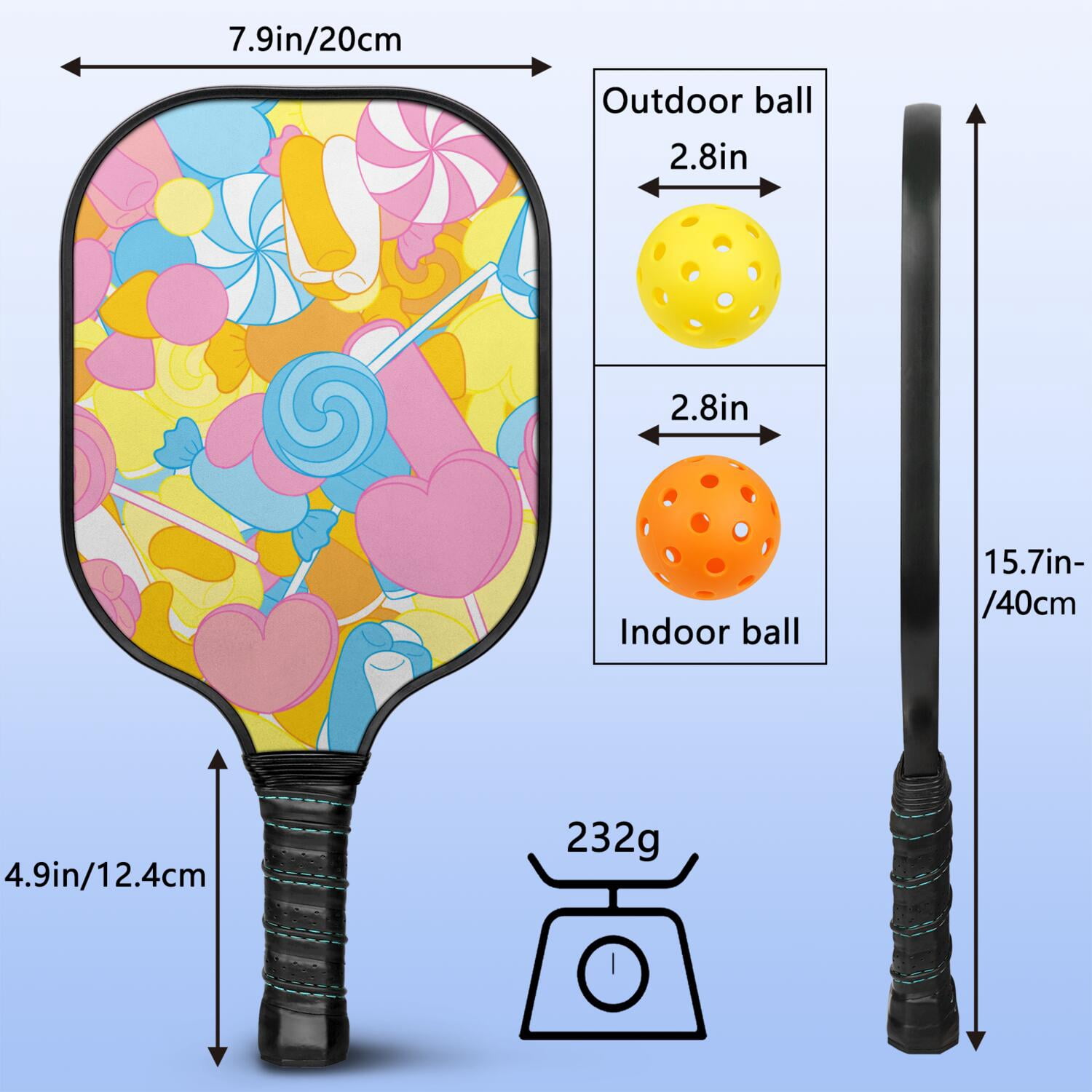 Pickleball Paddles Set Of 2, Fiberglass Surface, Sweet Candy Print, 4 Balls & Bag
