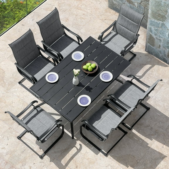 Nuu Garden 7 Piece Outdoor Dining Set, 61'' Rectangular Dining Table with Umbrella Hole, Outdoor Padded Textilene Patio Chairs, Light Gray