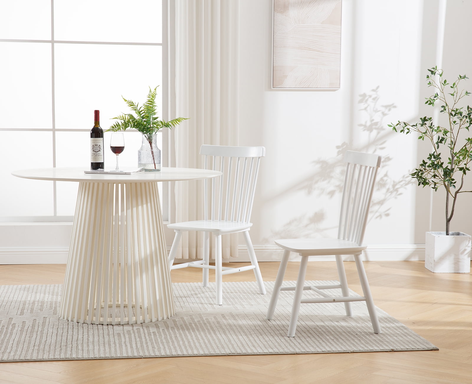 Dayalane Farmhouse Windsor Dining Chairs Set of 2, Solid Wood Spindle Back Dining Side Chairs, Mid-Century French Country Oak Kitchen Chairs for Dining Room Living Room Kitchen Restaurant, White