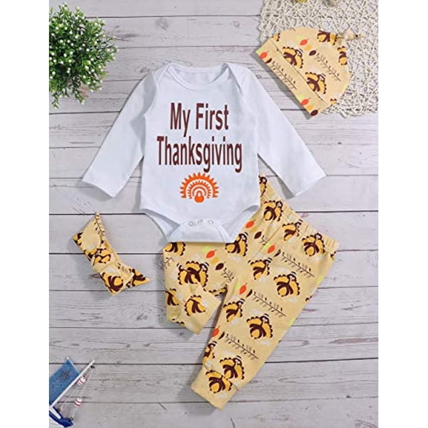 Thanksgiving Baby Outfits Newborn Boy Girl My First Thanksgiving Romper Turkey Print Pant Clothes Set Walmart Com Walmart Com