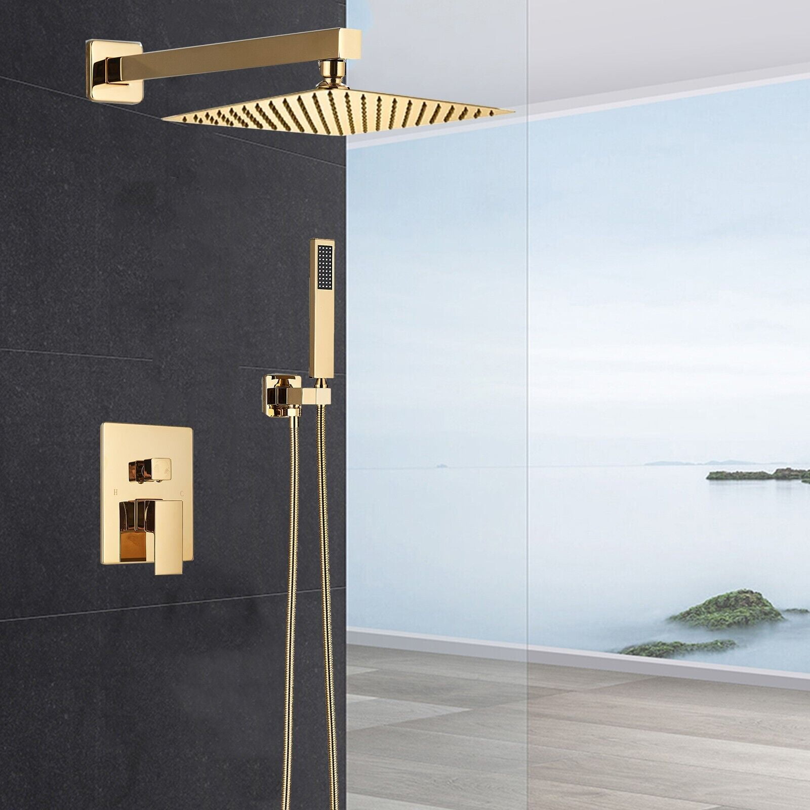 Zovajonia Shower System 12 Inches Shower Faucet Set, Rain Shower Head with Handheld Spray Bathroom Wall Mount Shower Fixtures Gold