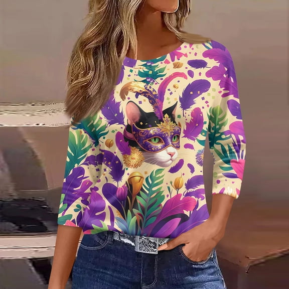 LNZGNM Mardi Gras Women Shirts Mask Printed 3/4 Sleeve Tops Fashion Graphic Crew Neck T Shirts 2026 Spring Carnival Outfits for Rave Wear, Purple, L