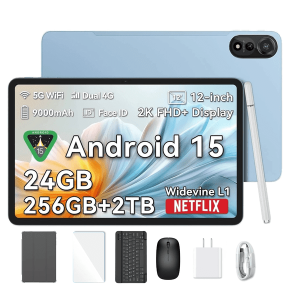 Blackview Tablet 12 inch 256GB ROM 24GB RAM Octa-core Android 15 Computer Tablets With Keyboard Mouse Case Stylus, Google GMS Widevine L1, Mega 2 BLUE