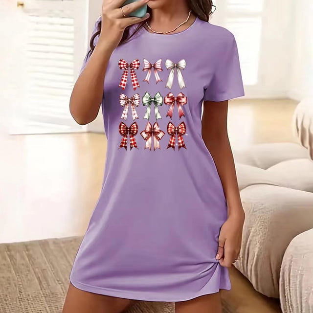 Sakmal Chemises de Nuit de Noël pour Femmes Moomoo Douces Extensibles Violettes Grande Taille Robe de Nuit Col Rond Courte Imprimé Nœud Manches Courtes Chemises de Nuit P-2TG