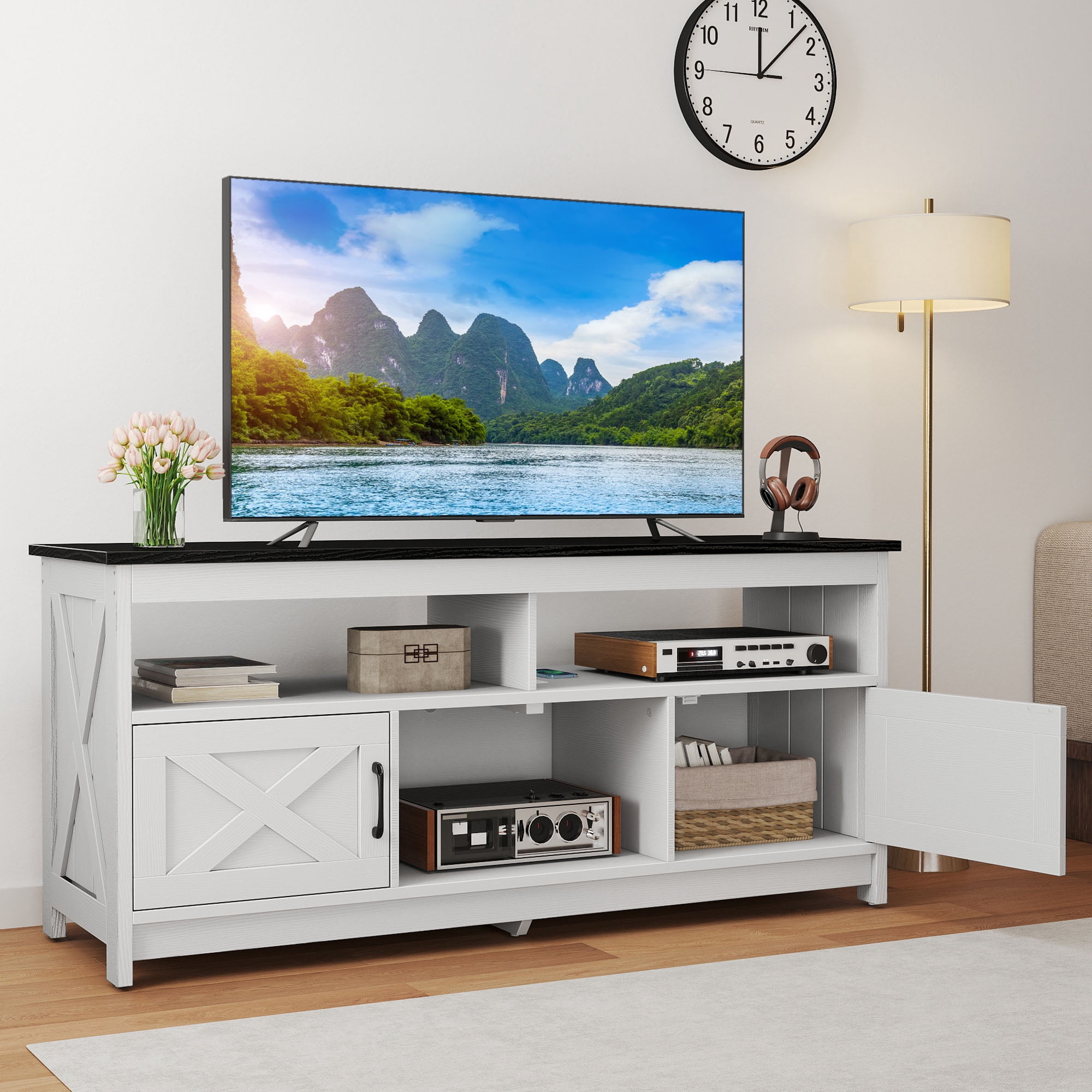 Uforic 59" Farmhouse TV Stand for 55/60 Inch TV with Power Outlet,Entertainment Center TV Console with Door, White & Black