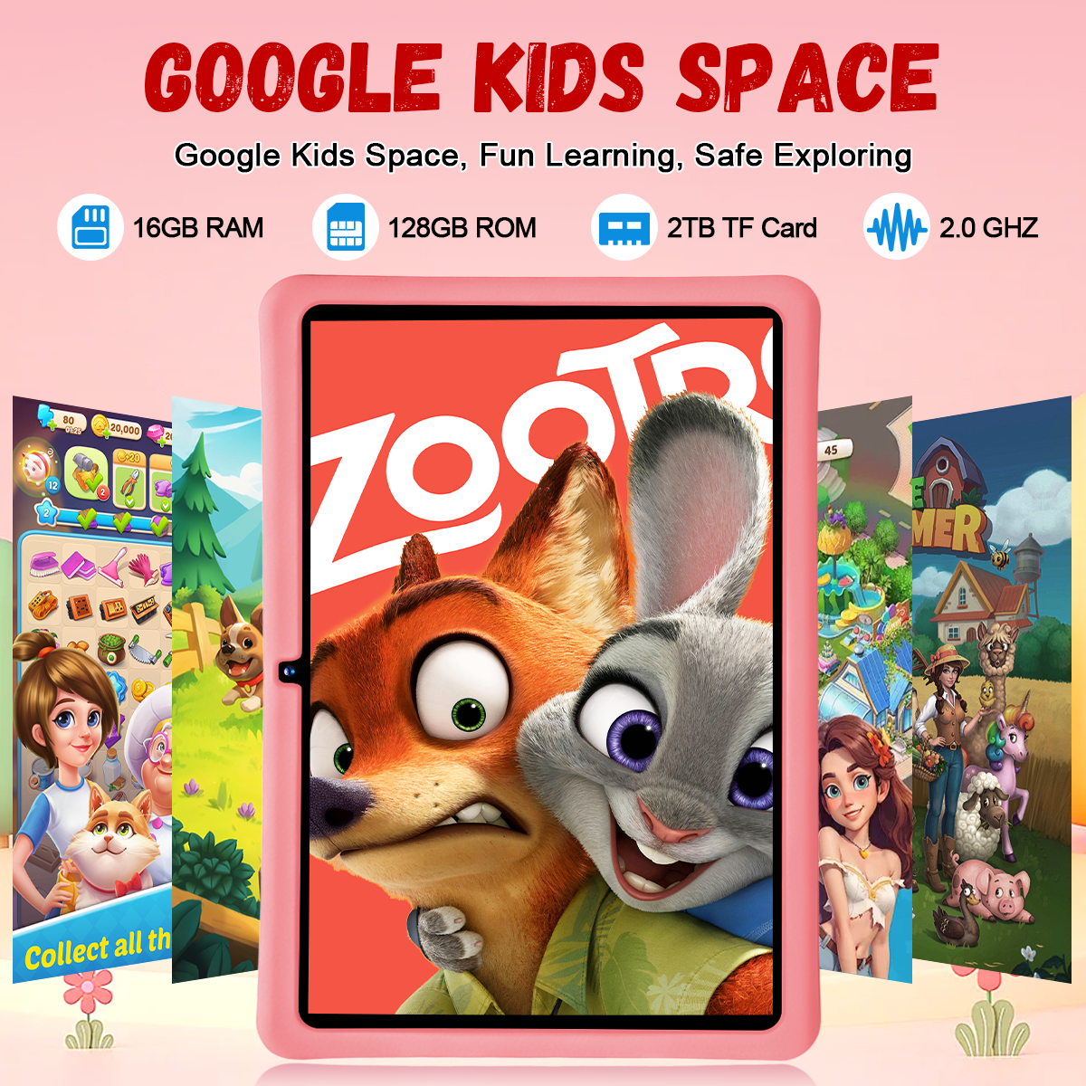 Kids Tablet, 10 inch Android Tablet for Kids, 16GB+128GB Quad-Core Toddler Tablets with Shockproof Case, BT5.0, WiFi 5, Parental Control, Games, Dual Camera