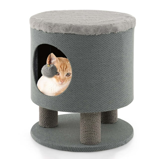 Costway Taburete para Gatos con Condominio, Casa para Mascotas Otomana, Cama para Gatitos con Poste Rascador y Bola de Felpa, Muebles Modernos 3 en 1 para Gatos Pequeños y Medianos