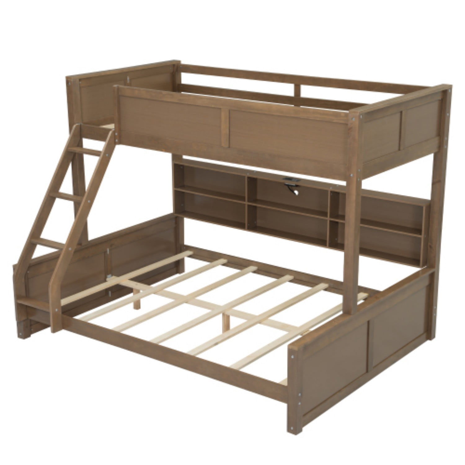 Twin XL Over Queen Bunk Bed with Storage Cabinets & USB Ports, Solid Wood Loft Bed with Guardrails, Space Saving Bed for Bedroom, Natural