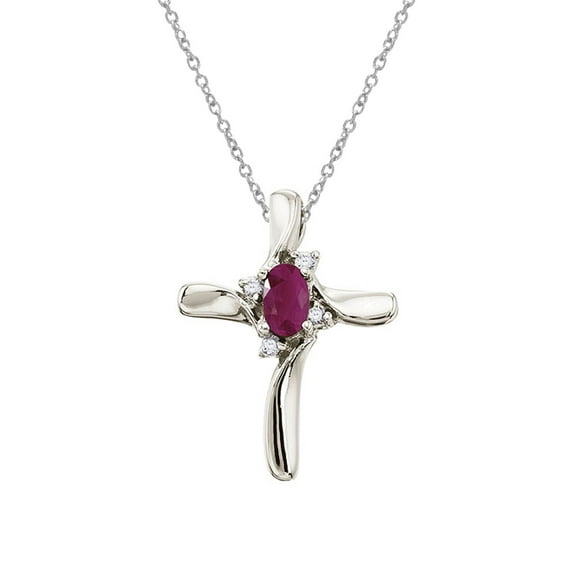 10k White Gold Ruby and Diamond Cross Pendant with 18" Chain