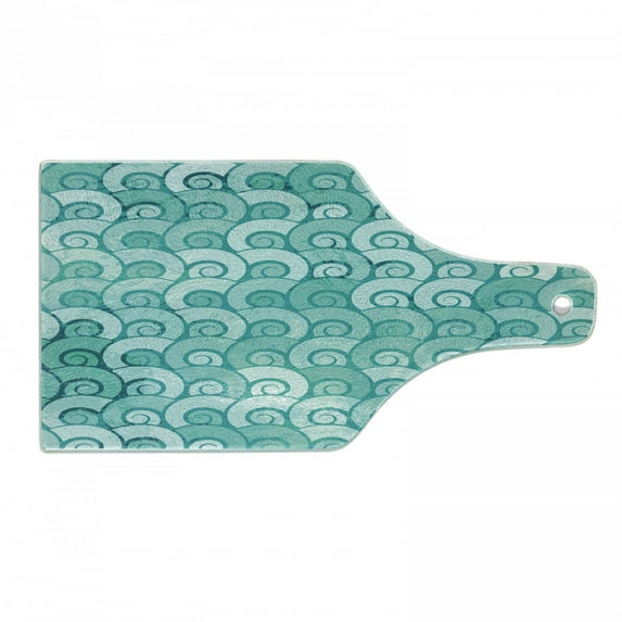 Ocean Cutting Board, Abstract Swirled Sea Waves Pattern Spiral Forms Marine Theme Curvy Aquatic Art Print, Decorative Tempered Glass Cutting and Serving Board, Wine Bottle Shape, Aqua, by Ambesonne