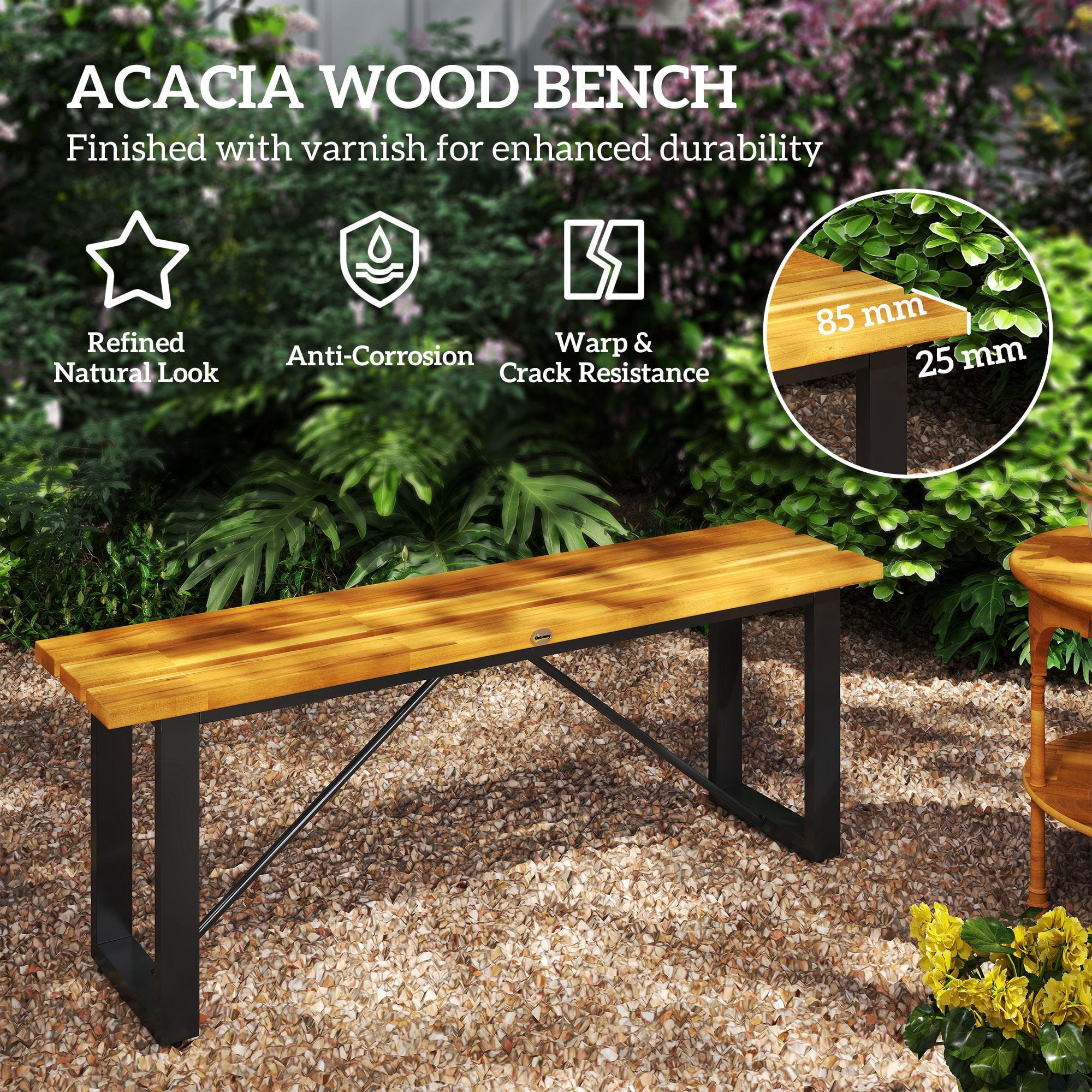 Backless Outdoor 2-Seater Bench, Varnished Acacia Wood Slat Seat Heavy Duty Rustproof Steel Frame Supports 528lbs, Patio Garden Park Entryway Bench Teak Finish & Black Frame