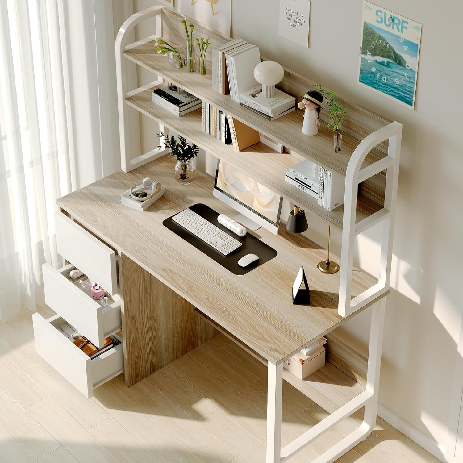 DreamCurship Computer Desk with Hutch, Home Office Desk with Drawers and Shelves, Wood Writing Study Desk, Walnut