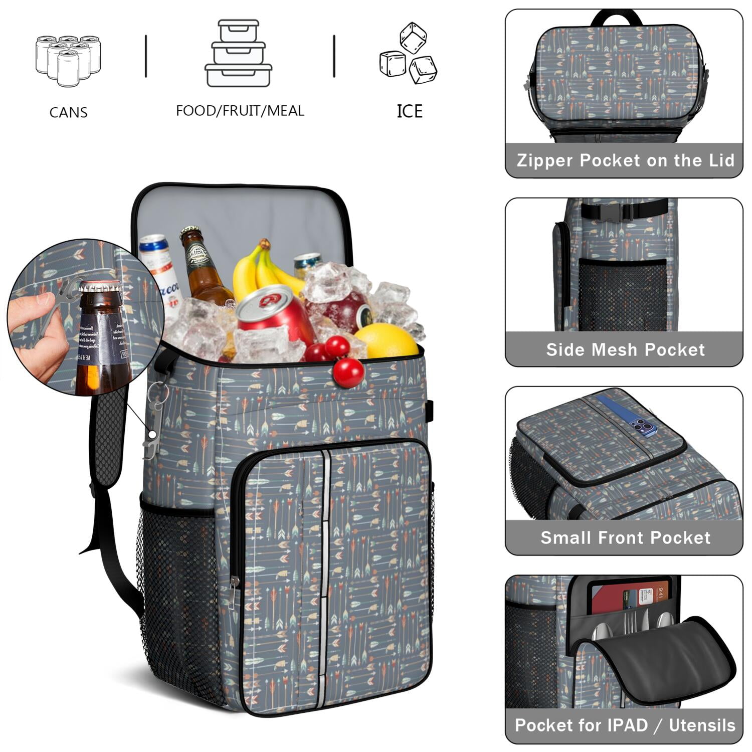 Travel Cooler Bag - Boho Bohemia Pioneer Flower Geometric Line Art Camping Beer Cooler Backpack with Bottle Opener- Waterproof Insulated Picnic Backpacks - Cooler Bag for Beach