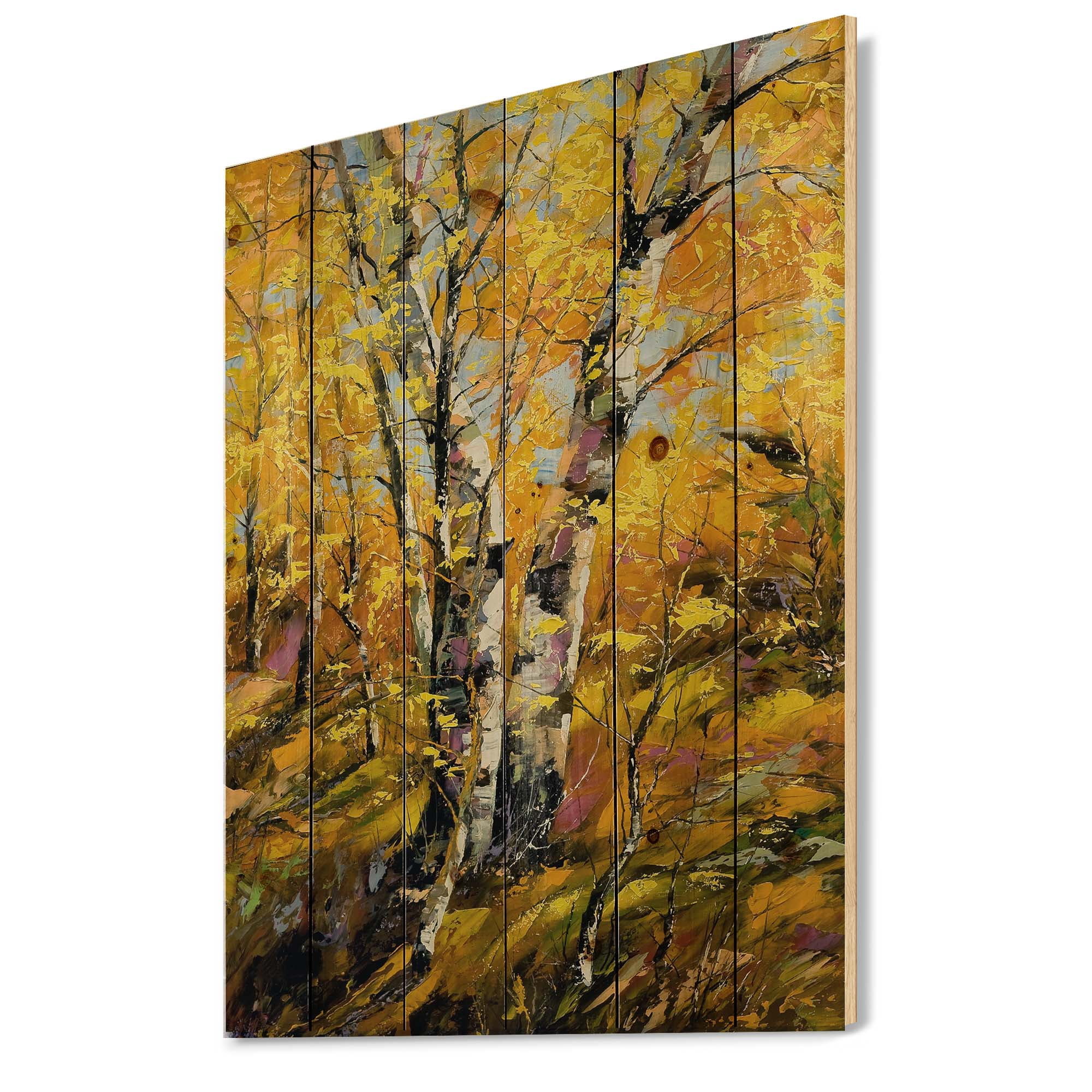 Designart 'Birches In Yellow Autumn Wood Forest' Country Print on Natural Pine Wood