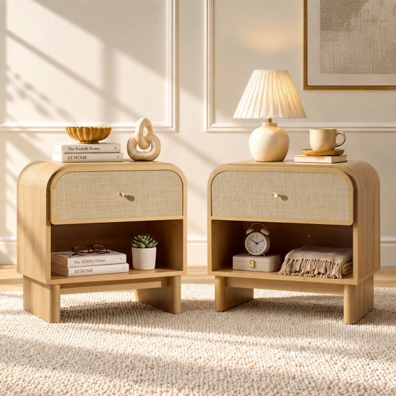 Hvoonc Bedroom Nightstands Set of 2, Rounded Corner Rattan Bedside Tables with Drawer Storage, Natural Oak