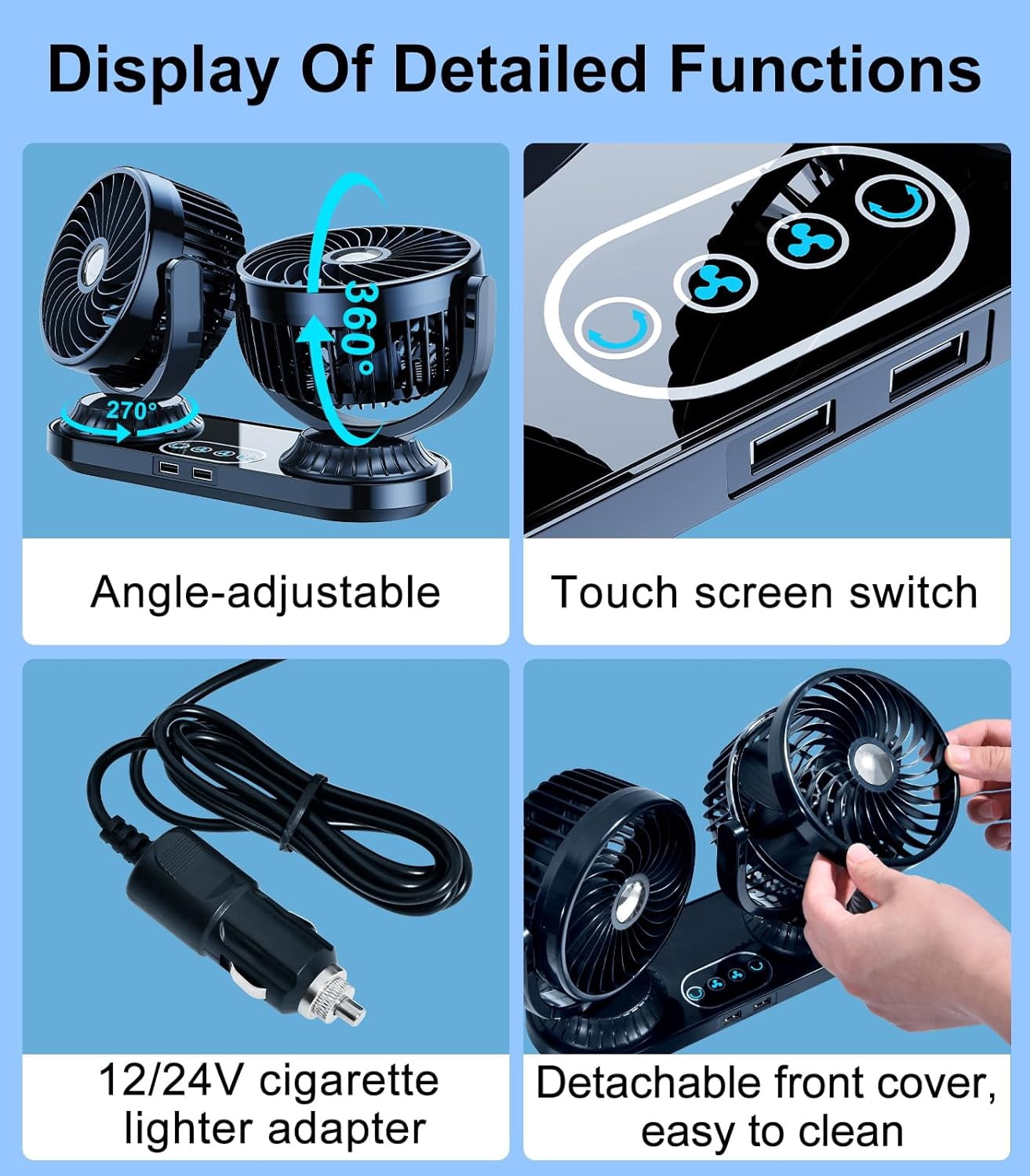 Car Cooling Fan, Dual Head Auto Oscillating Car Cooling Fan for Dashboard, DC 12V/24V Cigarette Lighter Powered 3 Speeds Vehicle Fan, Comes with 2 USB Charging Ports for Sedan Suv Rv Van Truck