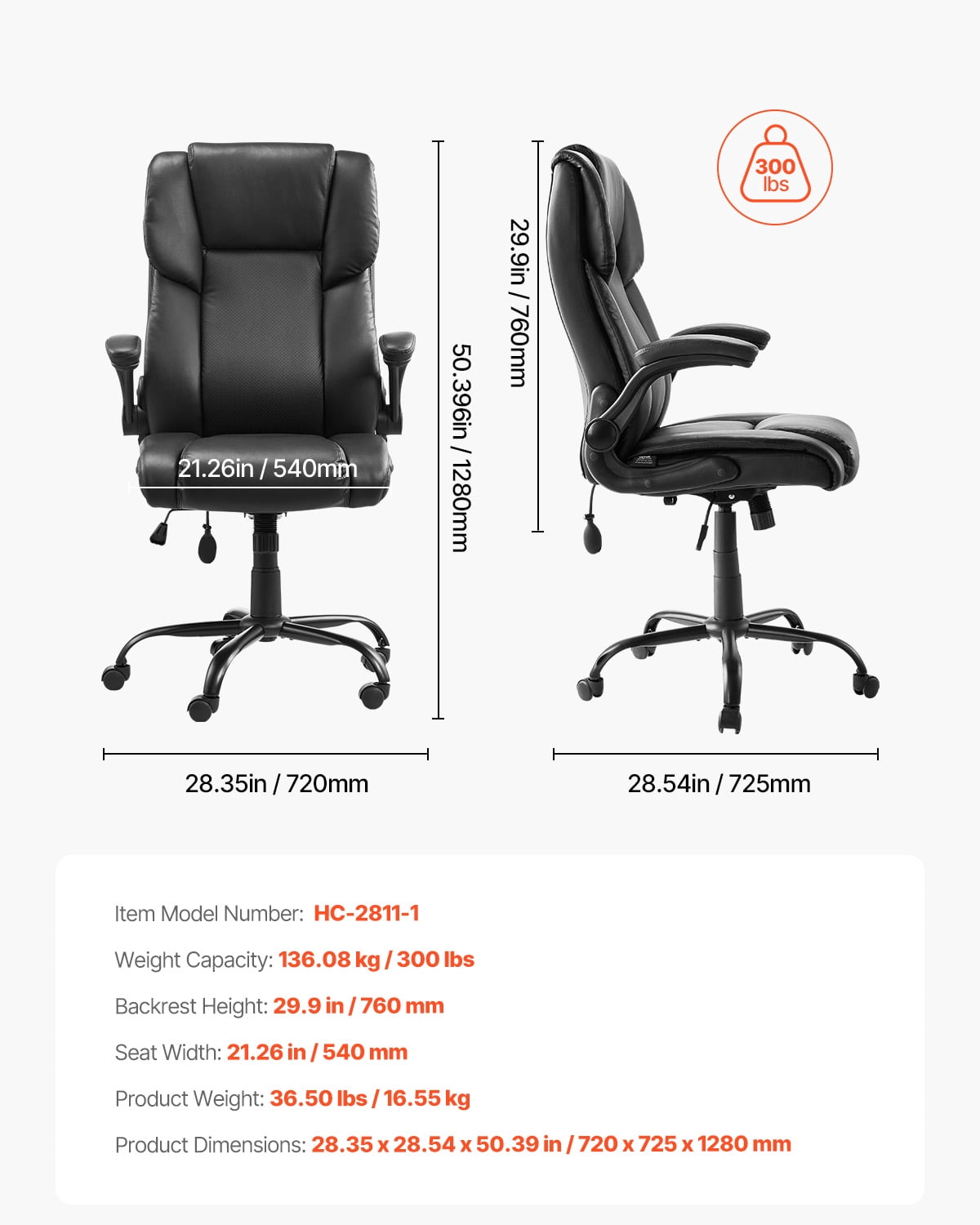 VEVOR Executive Office Chair with Lumbar Support, 300lb Capacity Office Chair with Flip-up Armrests & Lumbar Pillow, Height Adjustable Ergonomic Chair, PU Leather Reclining Home Office Desk Chairs