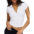 thumbnail image 2 of Womens Short Sleeve Collared -Tops V Neck Button Down Fitted Shirts White M, 2 of 8