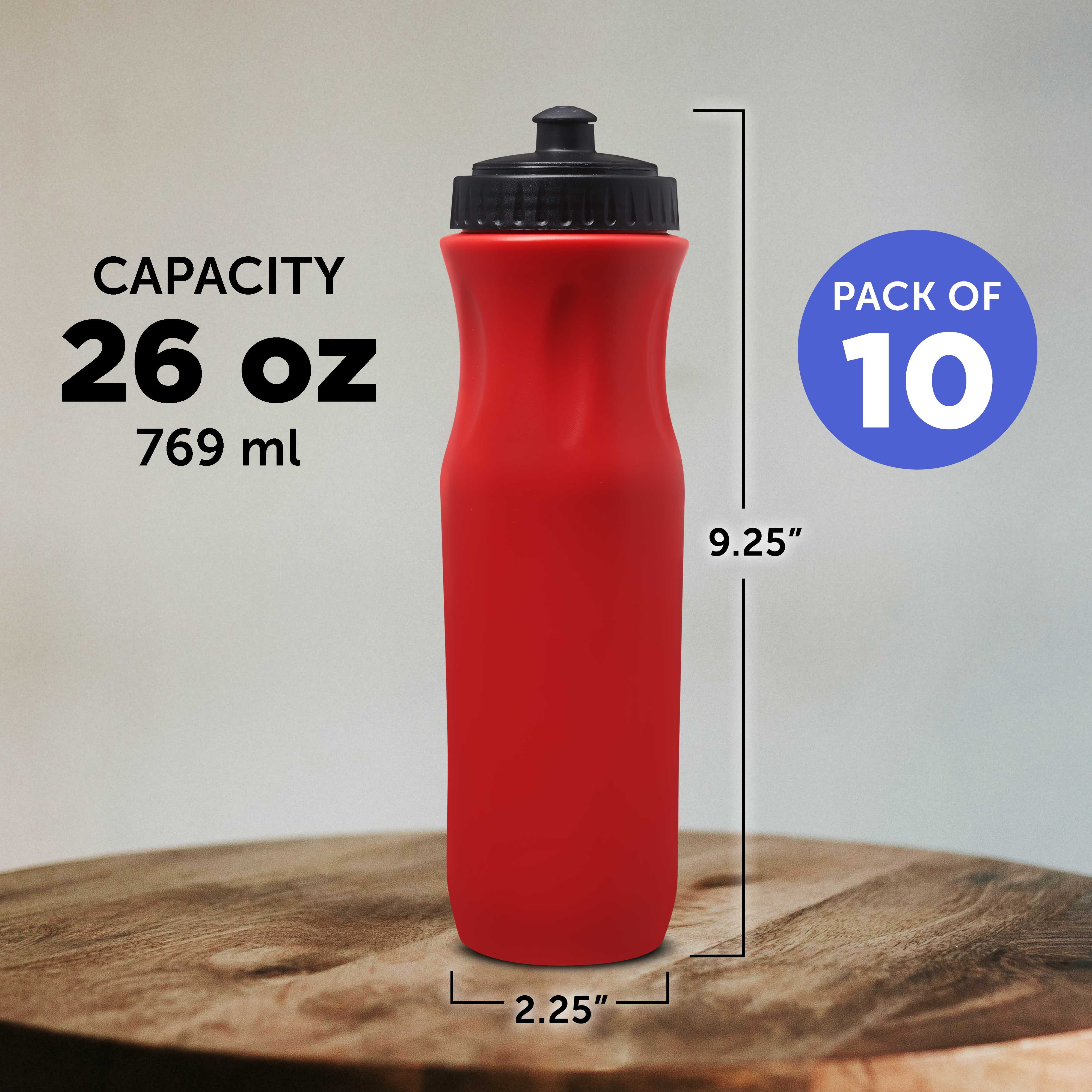 10 Plastic Water Bottles Set, 26 oz. - Black Push Top Lid - Red