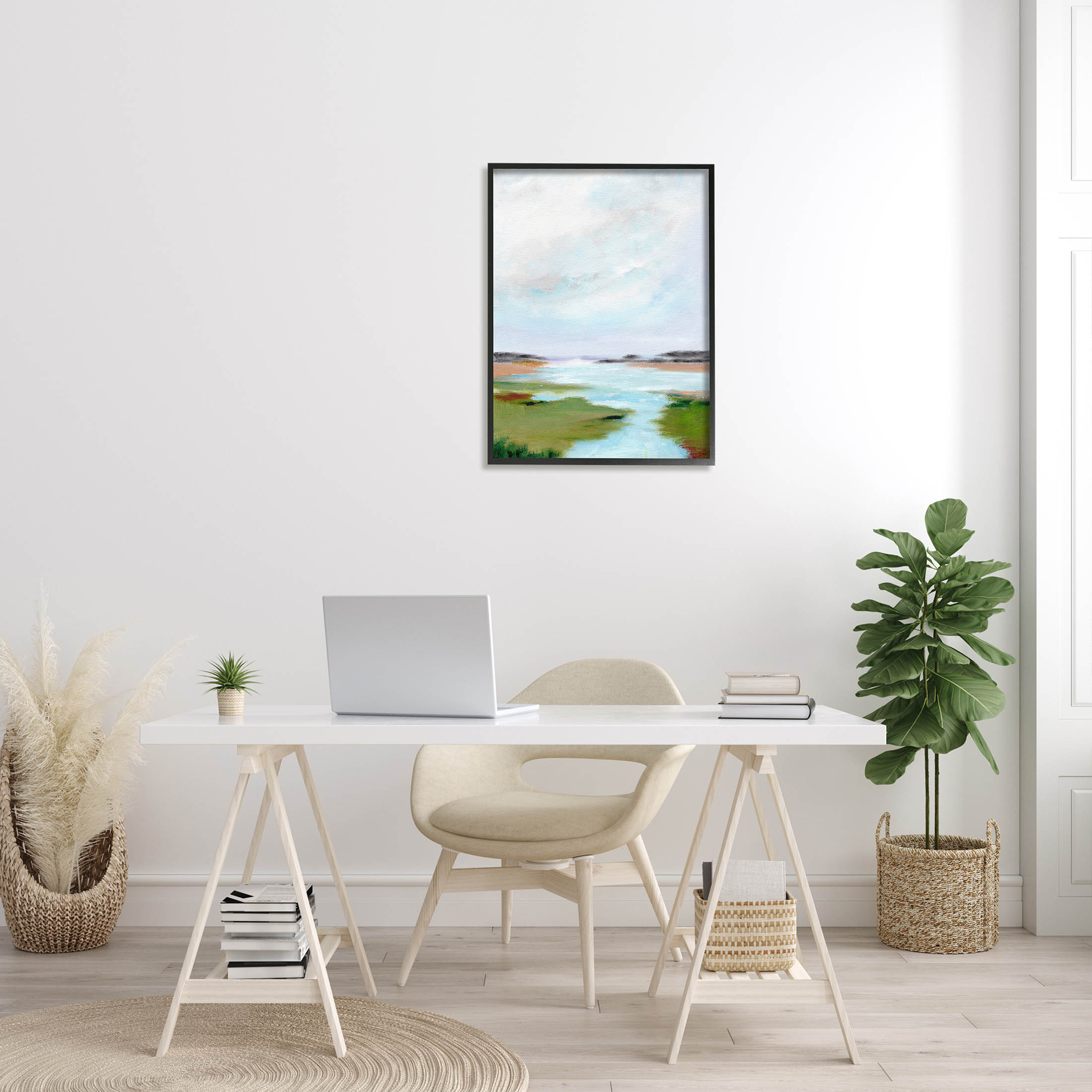 Stupell Industries Tranquil River Soft Dreamy Clouds Painting Black Framed Art Print Wall Art, Design by Nikita Jariwala