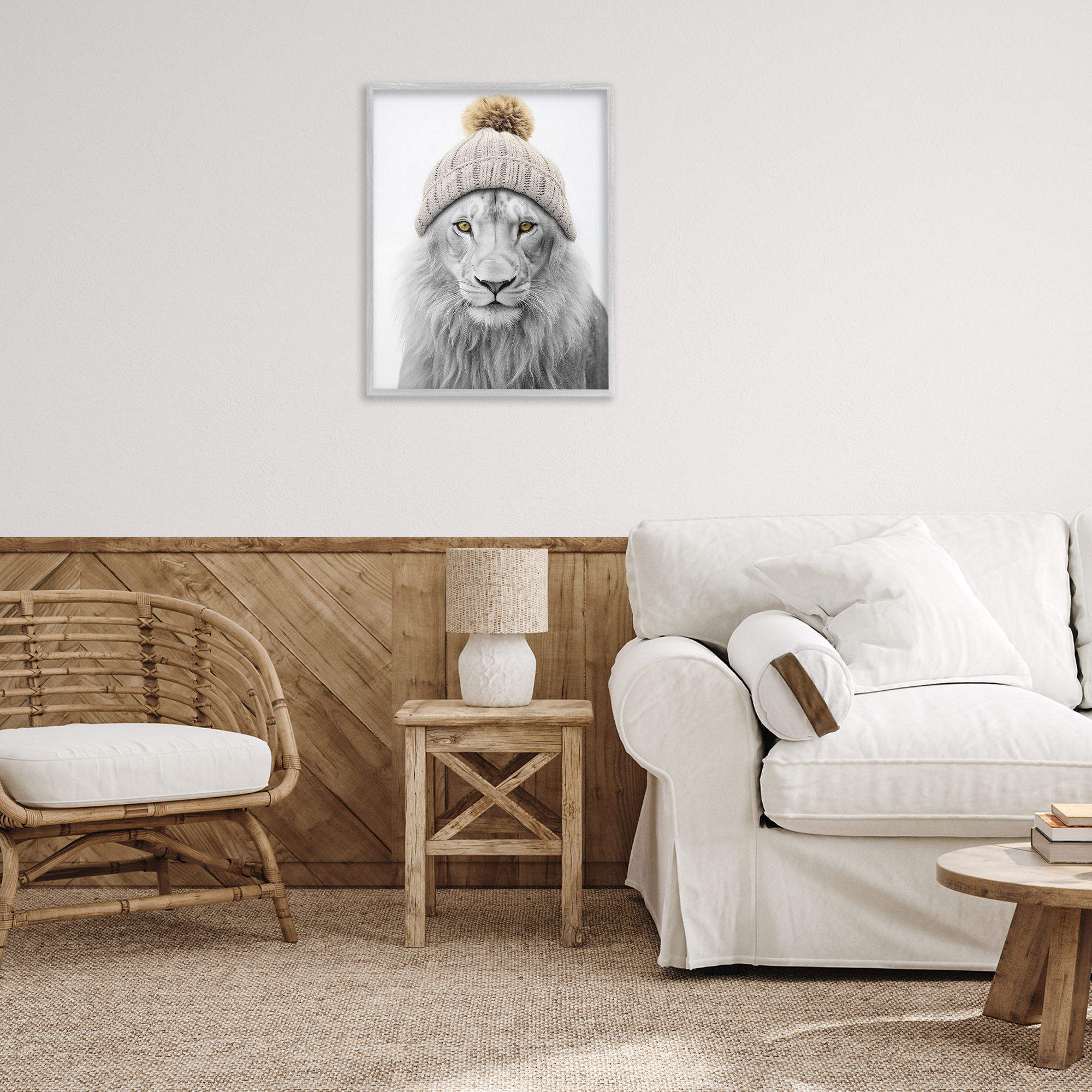 Stupell Industries Lion in Winter Hat Animals & Insects Painting Gray Framed Art Print Wall Art, 24 x 30