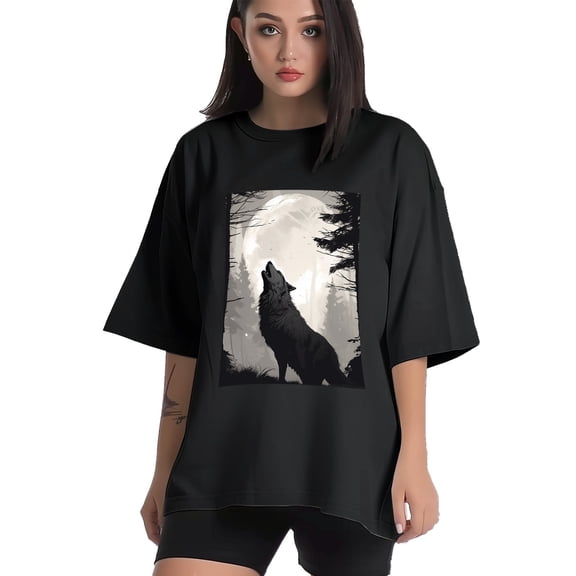 Plus Size Shirt for Women Black Tops for Women Short Sleeves Shirt for Women Wolf T Shirt Crewneck Shirt for Women XS
