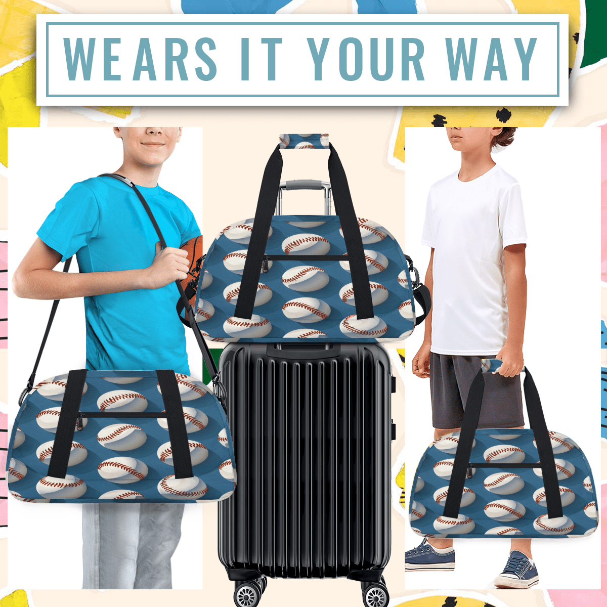 Herdesigns Baseball Pattern Sports Duffle Bag for Women & Men, Gym Bag Dance Bag Overnight Bag Carry On Weekender Travel Bag