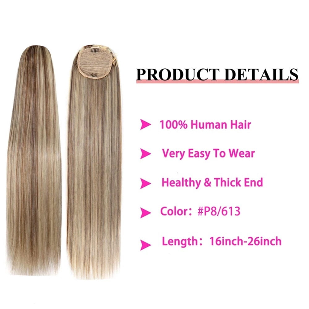 Remy Human Hair Extensions 16-26 Inches Long Straight Drawstring Ponytail Hairpiece P8/613 Highlights Bleach Blonde