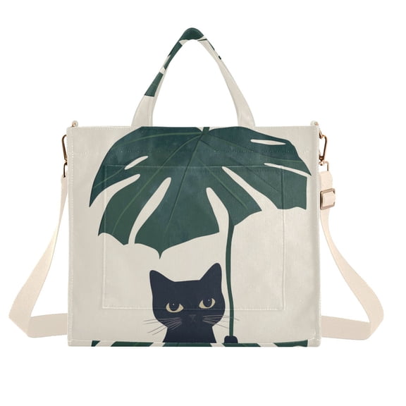 FORMRS Womens Corduroy Tote Bag Crossbody Shoulder Handbag with Pocket, Black Cat Plants