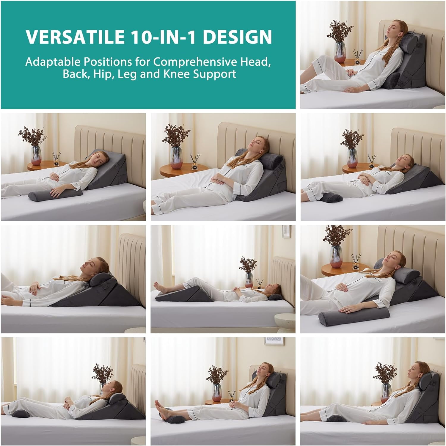 Adjustable 4-Piece Memory Foam Bed Wedge Pillow Set for Back, Neck, Leg Pain Relief, Sleeping, Sitting Up, Acid Reflux and GERD, White and Grey