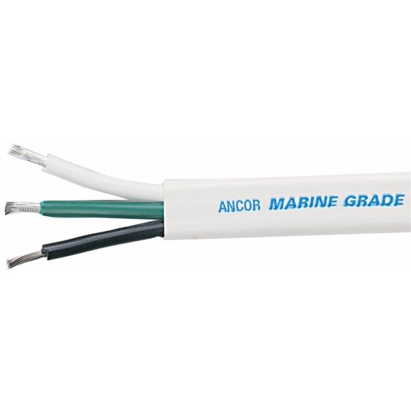 Ancor Primary Wire 131710 Marine Grade; 3 Conductor Flat Cable; Multi-Strand; 16 Gauge; Black/Green/White; 100 Feet Spool; Tinned Copper Conductor/PVC Insulation; UL/ABYC/US Coast Guard Certified