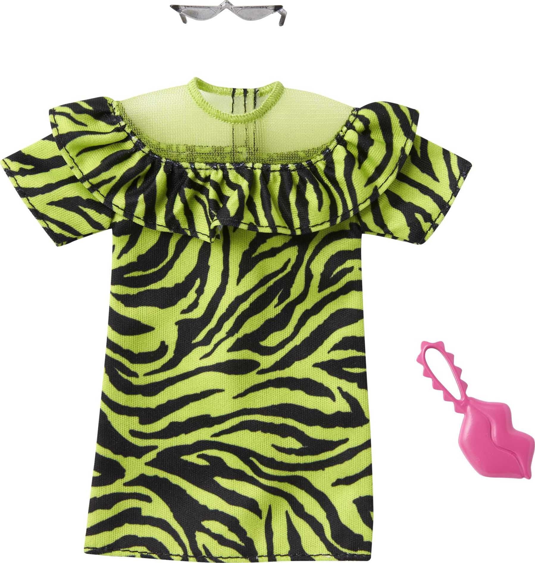 Barbie Fashion Pack of Doll Clothes, Green Black Zebra Mini Dress & 2 - Walmart.com