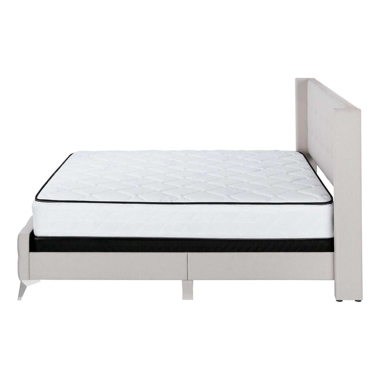 Monarch Specialties Bed, Queen Size, Platform, Bedroom, Frame, Upholstered, Linen Look, Metal Legs, Beige, Chrome, Transitional