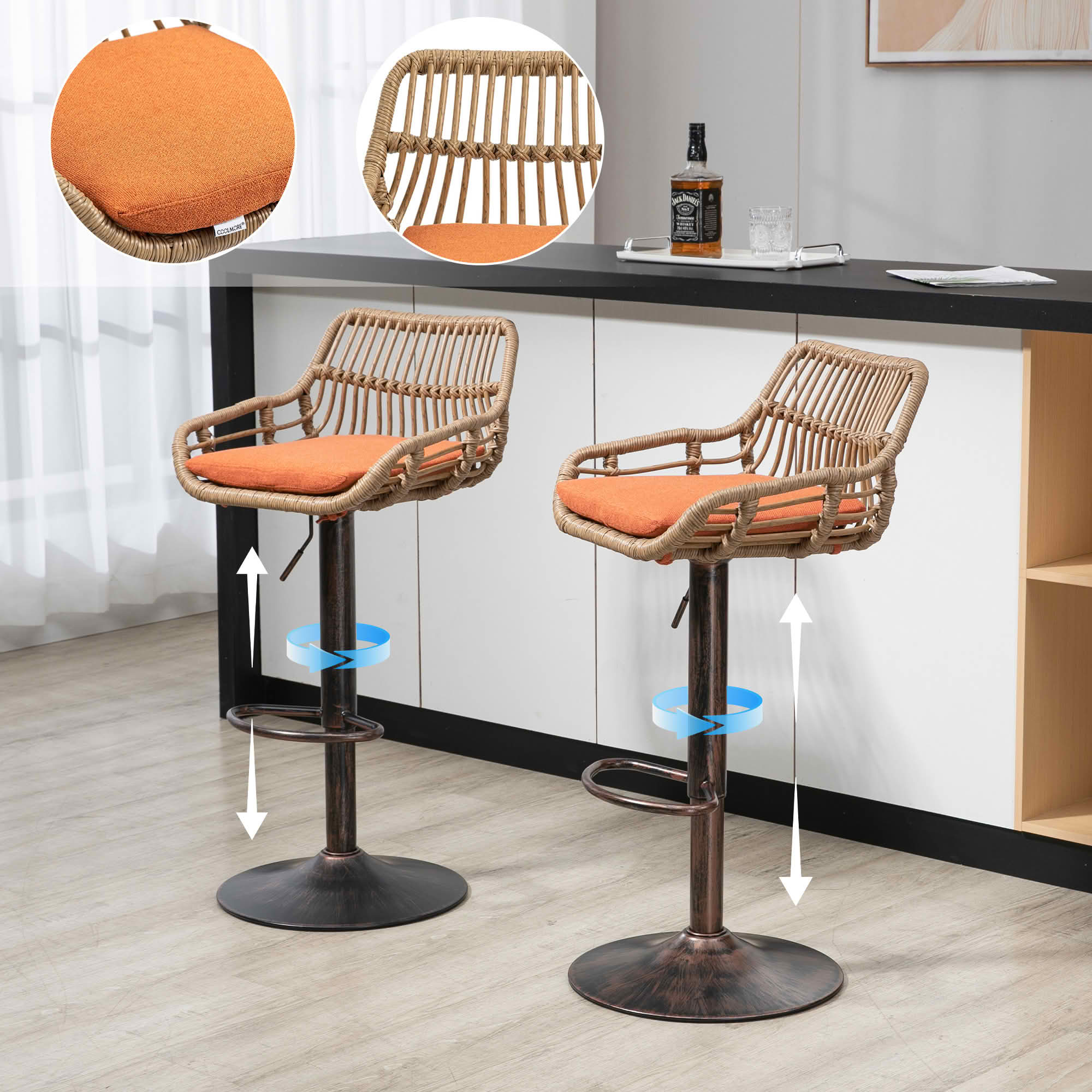 MAYEERTY Swivel Bar Stools Set of 2, Adjustable Height Chairs with Footrest, Linen and PE Rattan Back, Orange