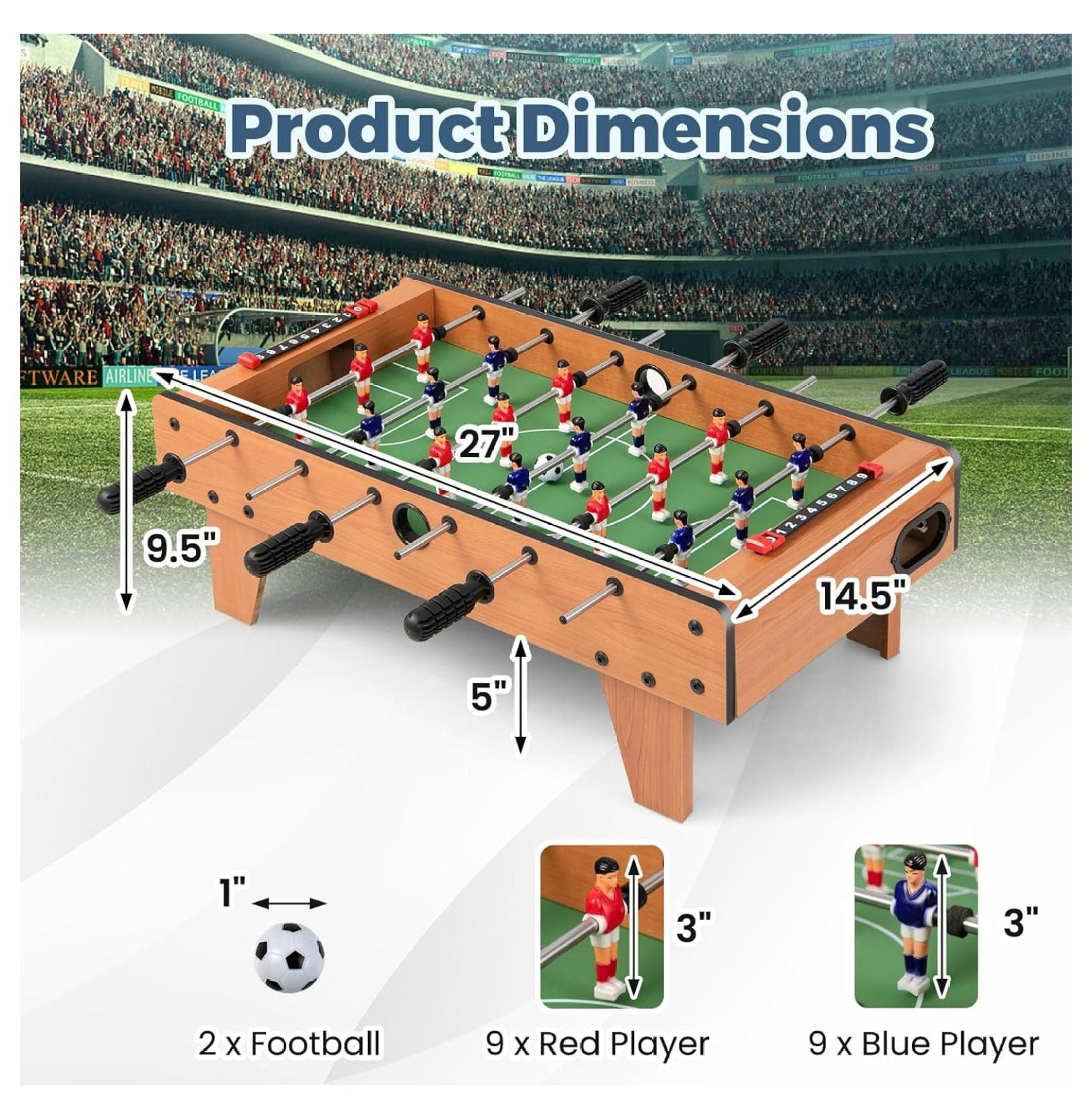 27" Foosball Table, Compact Soccer Table Game with 2 Footballs & Score Keepers, Foosball for Kids, Adults, Game Room, Family Night, Arcades, Parties