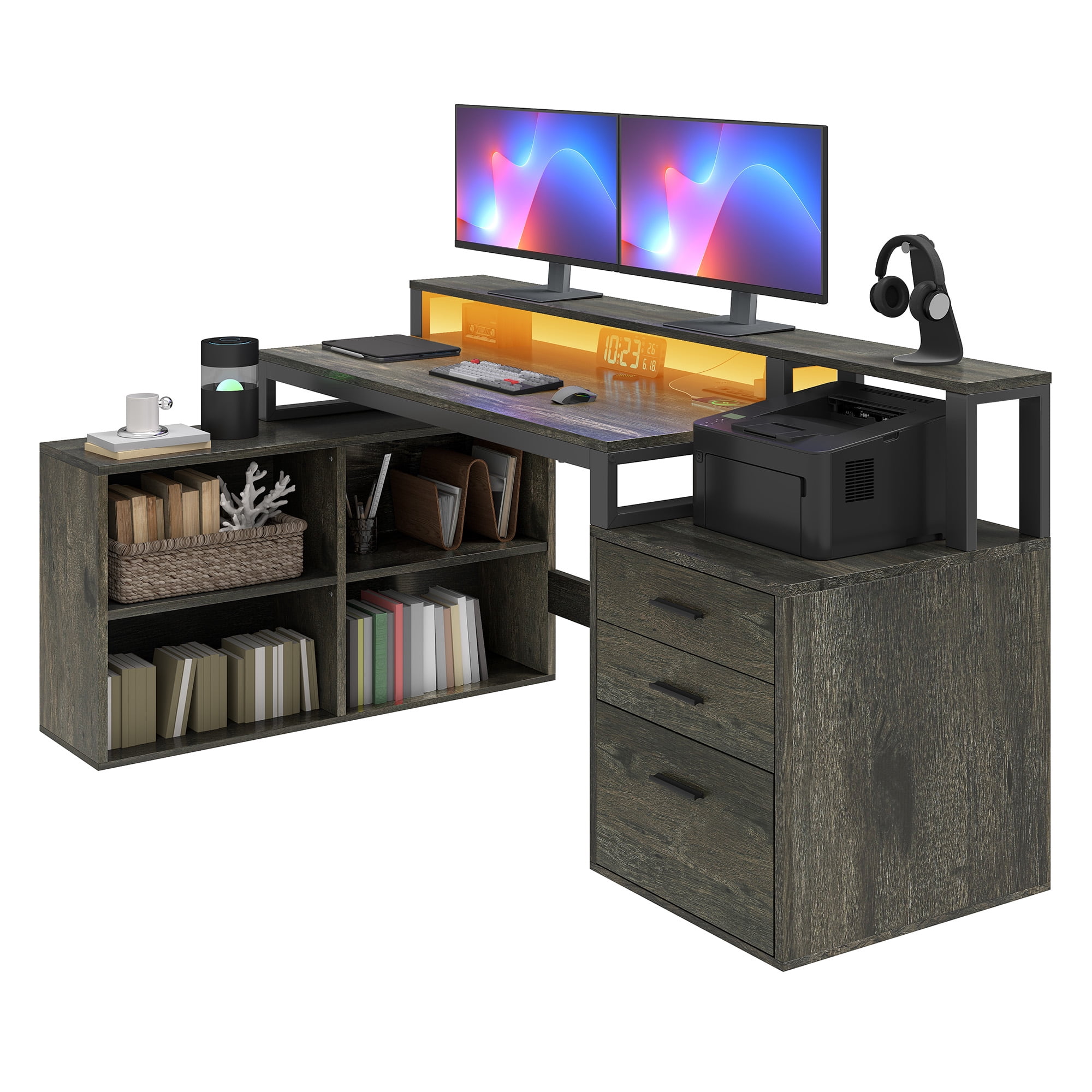 Uforic Computer Desk with LED Light, 65" L Shaped Desk with Shelves &Drawers, Home Office Desk, Gray