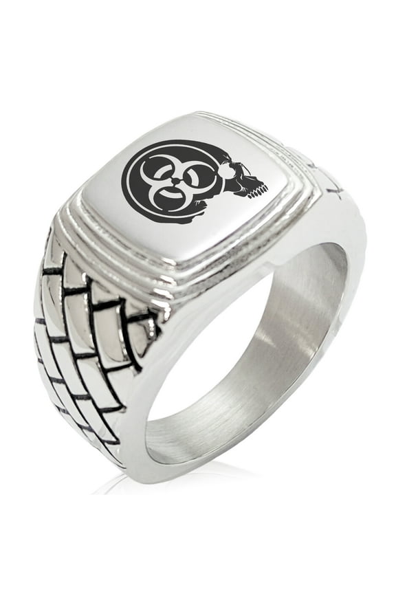 Stainless Steel Biohazard Skull Zombie Geometric Pattern Step-Down Biker Style Polished Ring