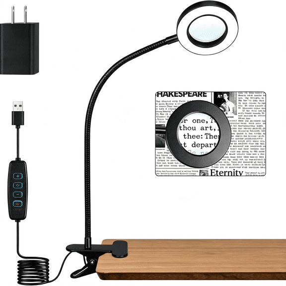 HIBIBUD Desk Lamp 5X Magnifying Glass with Light Clamp Light for Reading | 10 Brightness, 3 Color Modes, 5V/2A Adapter Included - Clip on Magnifying Light Hands Free for Crafting, Close Work
