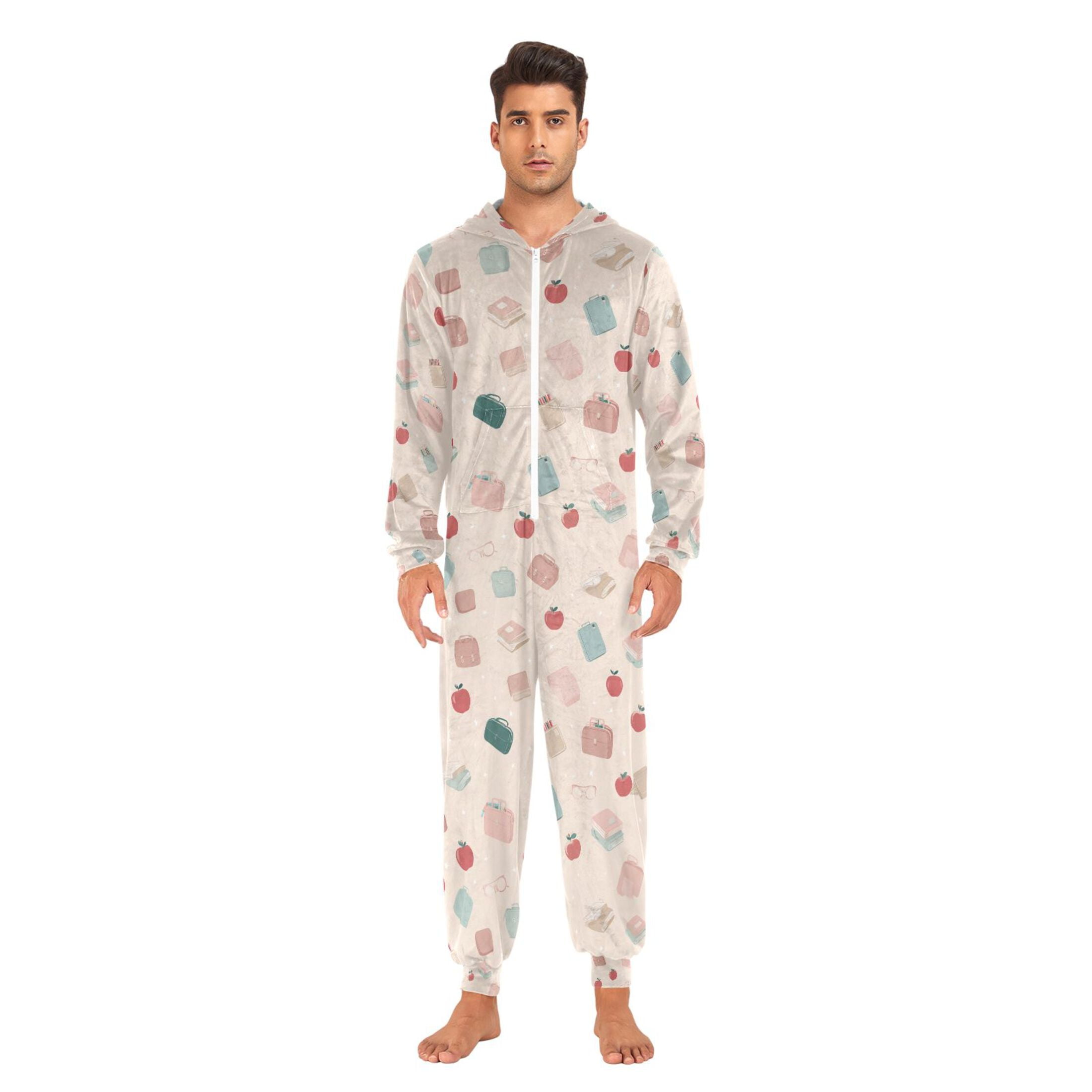 Adult Christmas Onesie Apple Book Pencil Case Adult Zipper One-Piece Pajamas Unisex Pajamas with Pockets