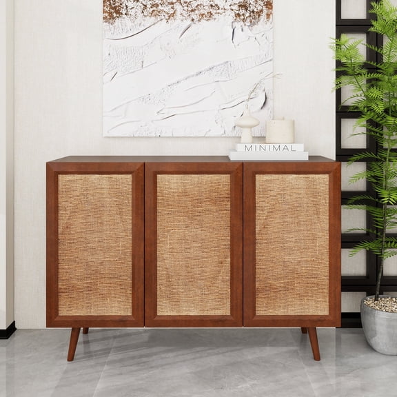 MDQMD Vintage Rattan Buffet Cabinet with 3 Doors & Adjustable Shelves,Walnut Console Table for Living Room,Sideboard for Dining Room